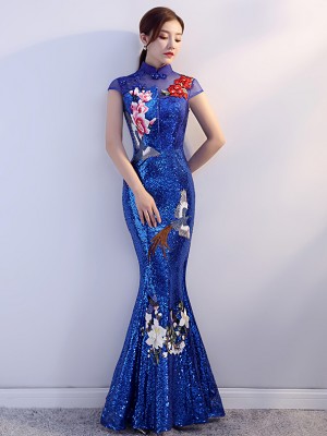 Custom Made Royal Blue Sequins Qipao / Cheongsam Evening Dress