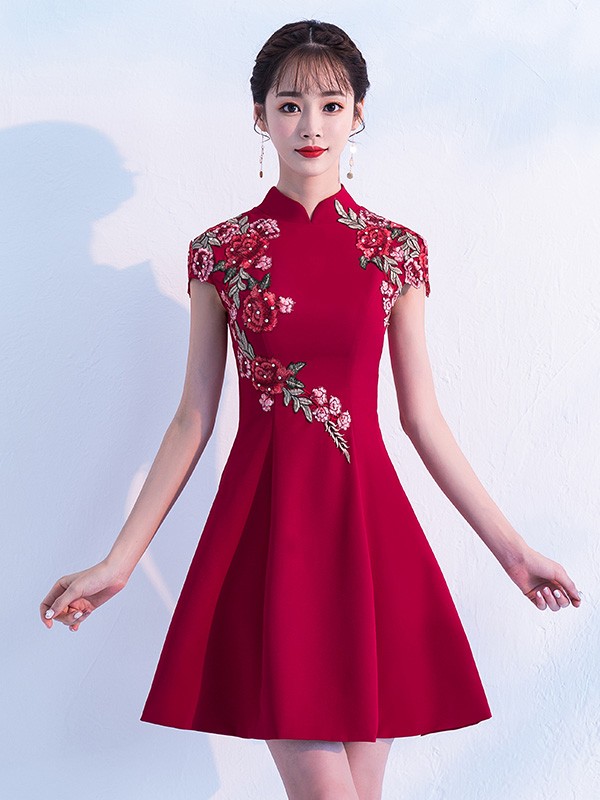 Wine Red A-Line Embroidered Qipao / Cheongsam Party Dress