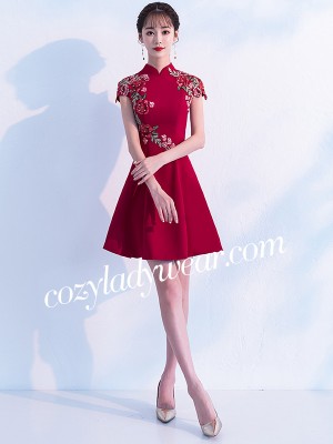 Wine Red A-Line Embroidered Qipao / Cheongsam Party Dress