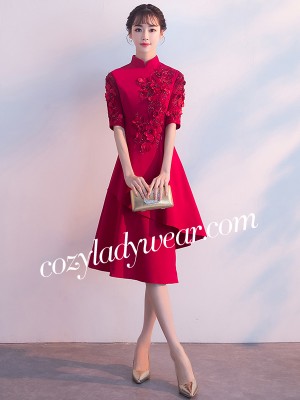 Wine Red Irregular Hem Appliques Qipao / Cheongsam Wedding Dress