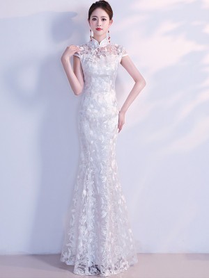 White Lace Fishtail Qipao / Cheongsam Wedding Dress