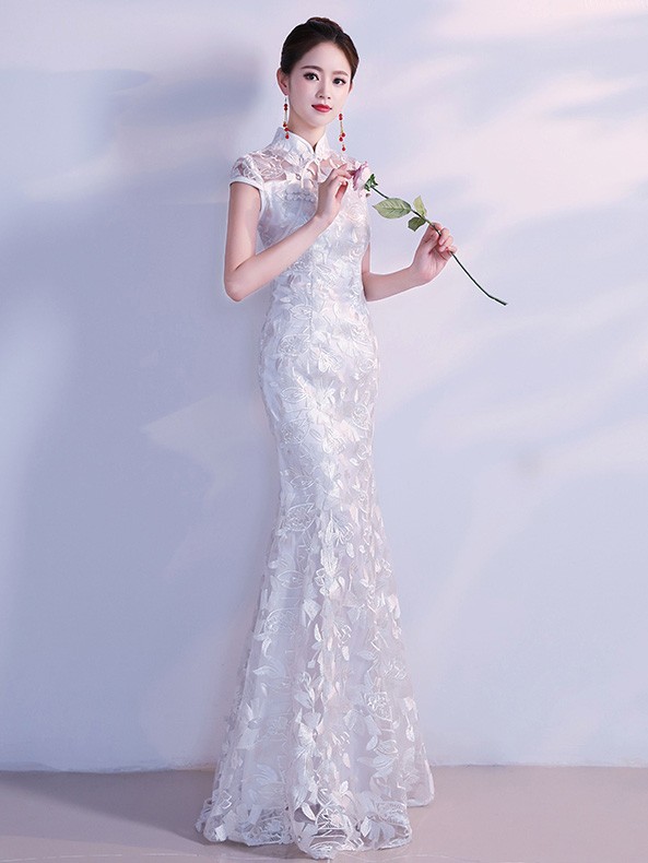 White Lace Fishtail Qipao / Cheongsam Wedding Dress