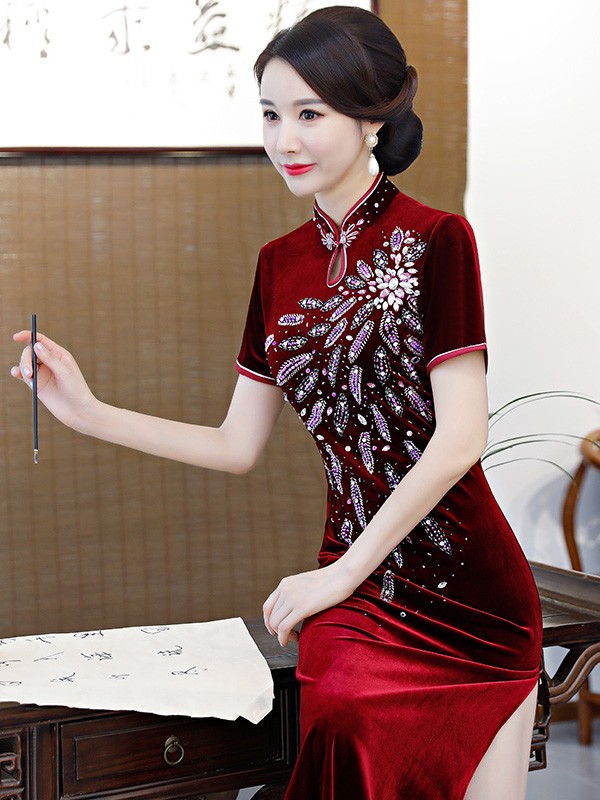 Burgundy Velvet Long Beaded Qipao / Cheongsam Dress