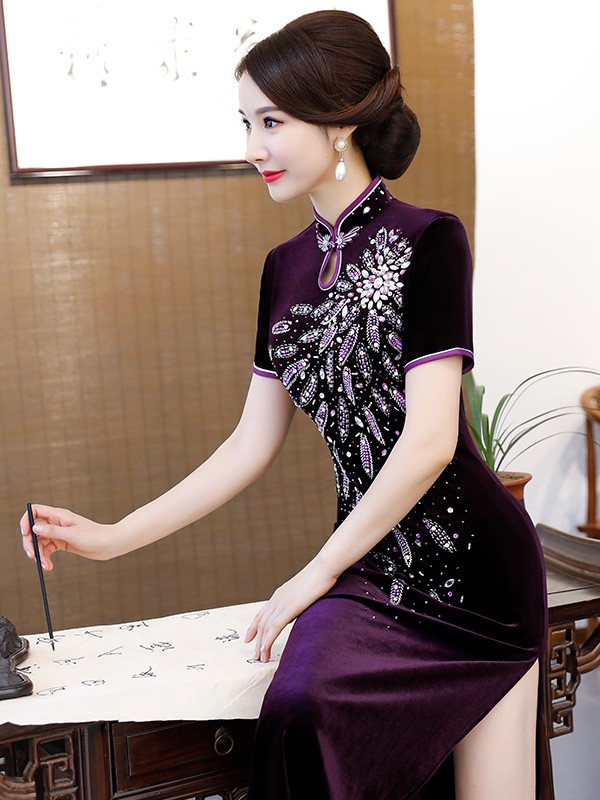 Purple Velvet Long Beaded Qipao / Cheongsam Dress