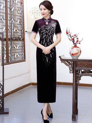 Purple Velvet Long Beaded Qipao / Cheongsam Dress