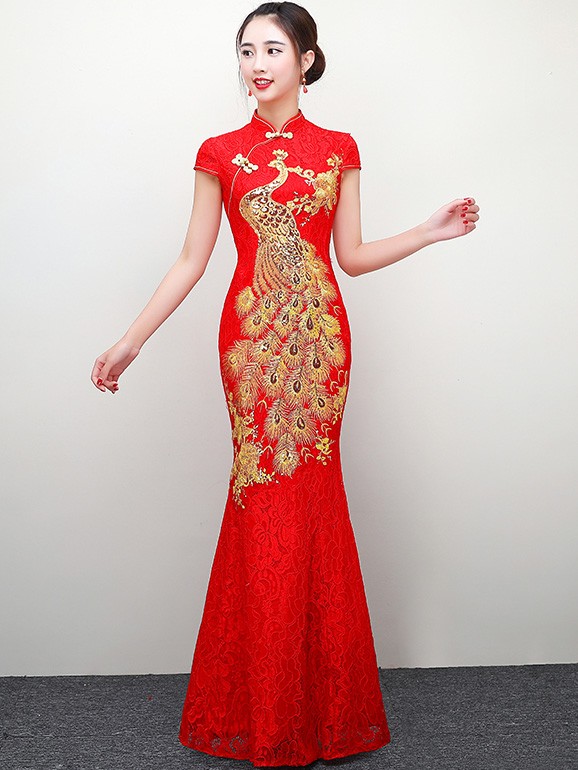 Red Fishtail Qipao / Cheongsam Wedding Dress with Gold Phoenix ...