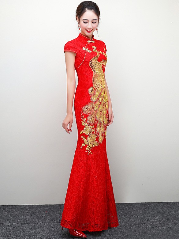 Red Fishtail Qipao / Cheongsam Wedding Dress with Gold Phoenix