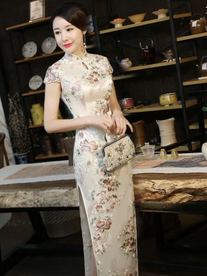 Custom Made Embroidered Long Qipao / Cheongsam Party Dress