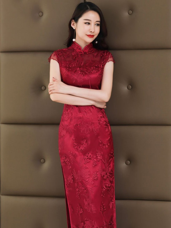 Wine Red Lace Long Qipao / Cheongsam Wedding Dress