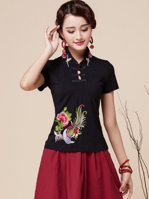 Black Stretch Embroidered Qipao / Cheongsam Blouse Top