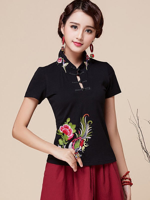 Black Stretch Embroidered Qipao / Cheongsam Blouse Top