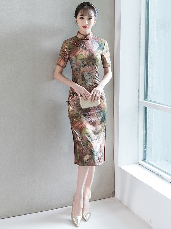 Fall Midi Qipao / Cheongsam Party Dress in Shimmering Print Fall Midi Qipao / Cheongsam Party Dress in Shimmering Print