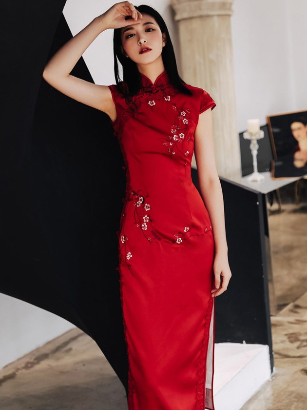Red Embroidered Long Qipao Cheongsam Wedding Dress Cozyladywear
