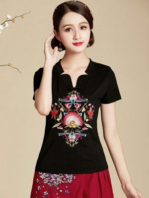 Black Floral Embroidered T-Shirt