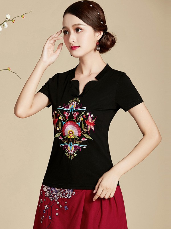 Black Floral Embroidered T-Shirt