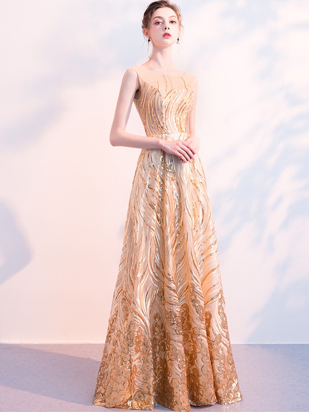Golden Sequined Floor Length Formal Dress
