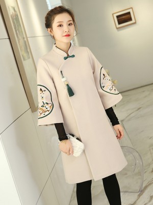 Beige Embroidered Wool Blend Women Chinese Tang Coat