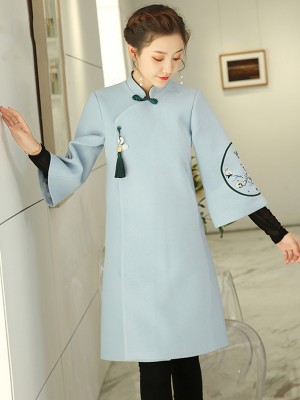 Blue Embroidered Wool Blend Women Chinese Tang Coat