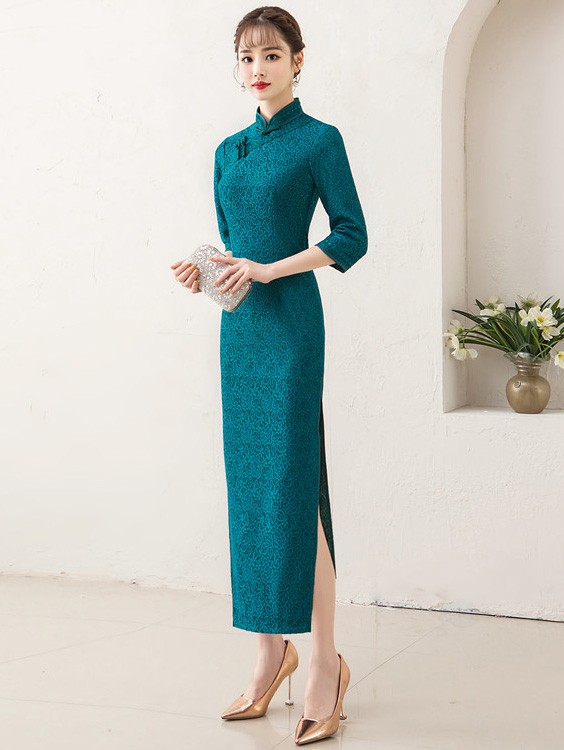 Green Lace Shimmering Long Qipao / Cheongsam Party Dress Green Lace Shimmering Long Qipao / Cheongsam Party Dress