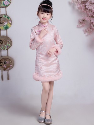Pink Floral Kids Girls Qipao / Cheongsam Winter Dress