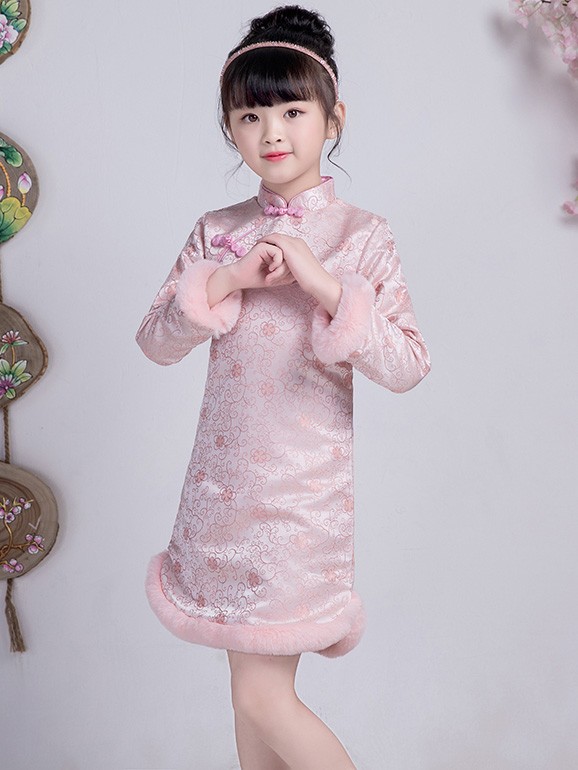 Pink Floral Kids Girls Qipao / Cheongsam Winter Dress