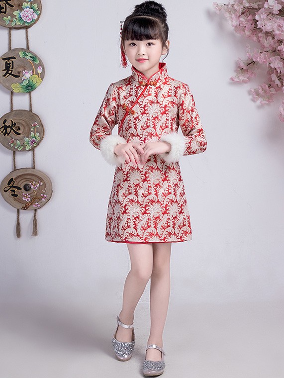 Red Woven Floral Kids Girls Qipao / Cheongsam Winter Dress