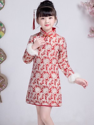 Red Woven Floral Kids Girls Qipao / Cheongsam Winter Dress