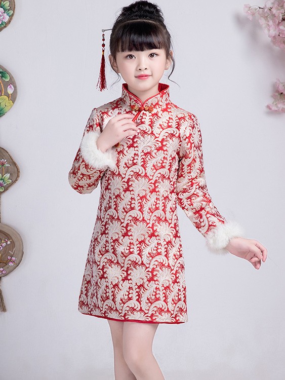 Red Woven Floral Kids Girls Qipao / Cheongsam Winter Dress - CozyLadyWear