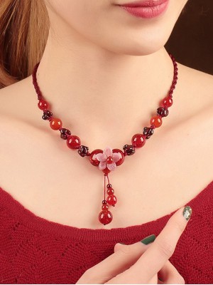 Red Colored Glaze Beads Handmade String Necklaces