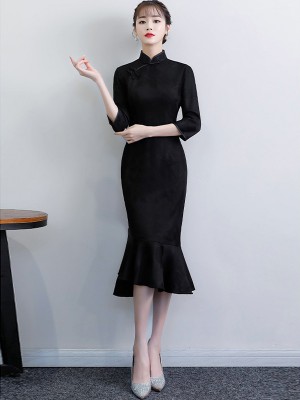 Black Tea Length Qipao / Cheongsam Dress with Pep Hem