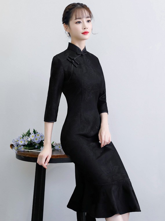 Black Tea Length Qipao / Cheongsam Dress with Pep Hem