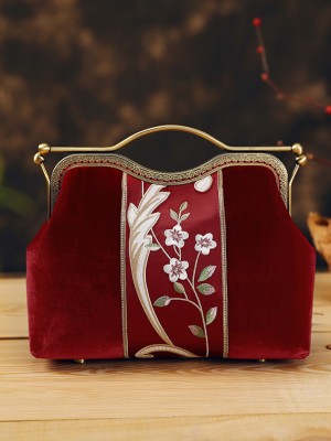 Embroidered Red Velvet Chain Strap Clutch Purse Bag