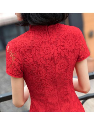 Red Lace Long Split Qipao / Cheongsam Dress with Beads