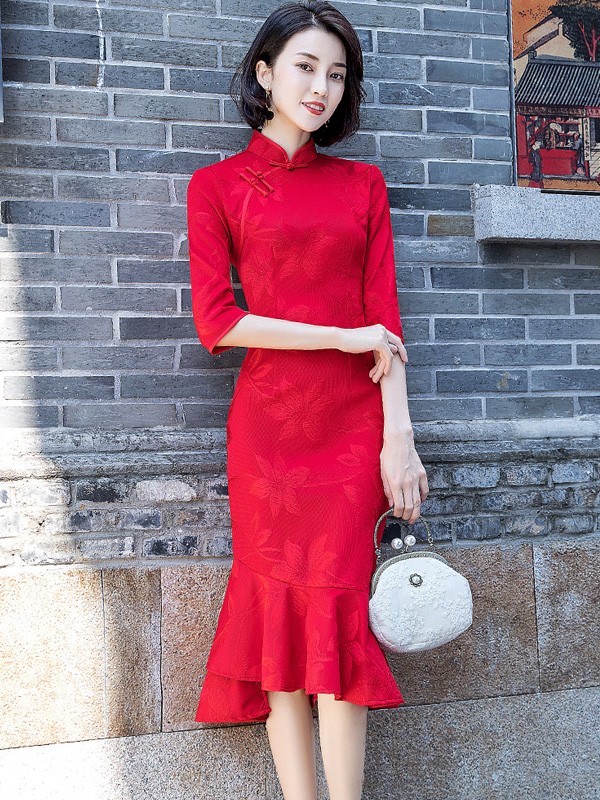 Red Tea Length Qipao / Cheongsam Dress with Pep Hem