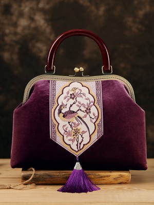 Wooden Handle Purple Embroidered Velvet Clutch Purse Bag