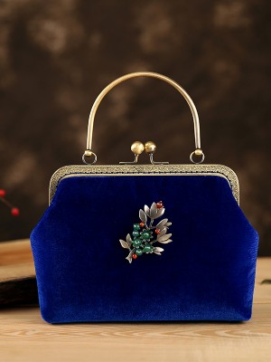 Blue Velvet Chain Strap Top Handle Clutch Bag