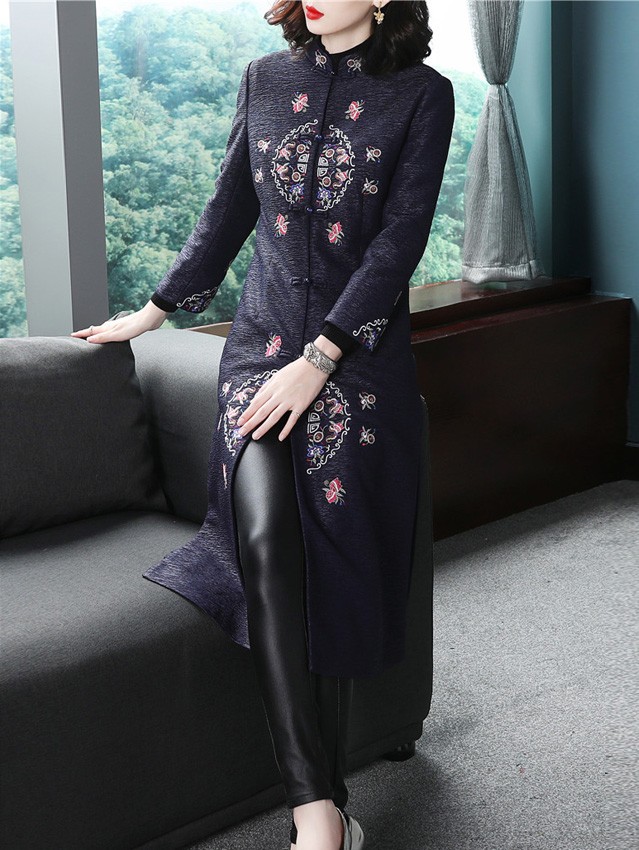 Blue Women's Long Embroidered Chinese Tang Coat Blue Women's Long Embroidered Chinese Tang Coat