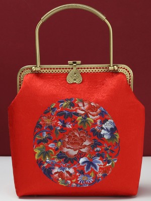 Red Floral Chain Strap Top Handle Clutch Bag