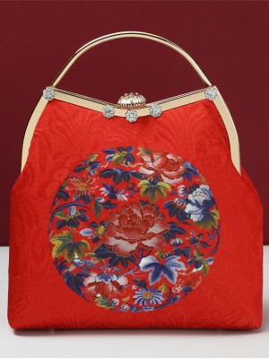 Red Floral Chain Top Handle Clutch Bag
