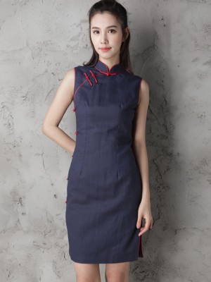 Custom Tailored Navy Blue Modern Qipao / Cheongsam Dress