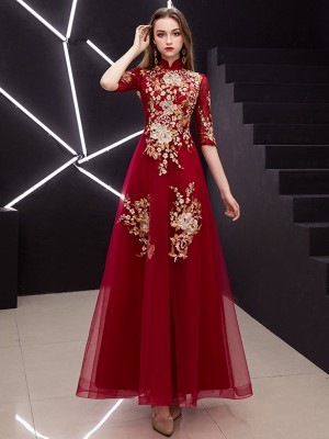 Red Embroidered A-Line Long Qipao / Cheongsam Dress