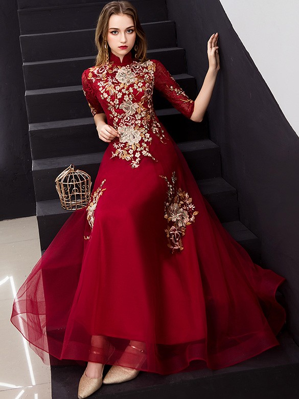 Red Embroidered A-Line Long Qipao / Cheongsam Dress