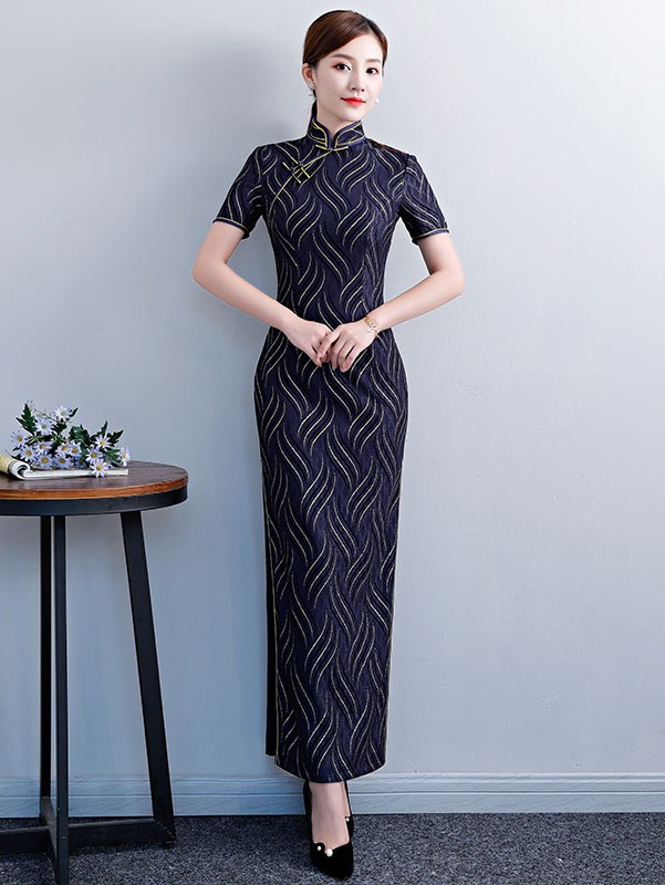 Gold Striped Blue Long Qipao / Cheongsam Dress