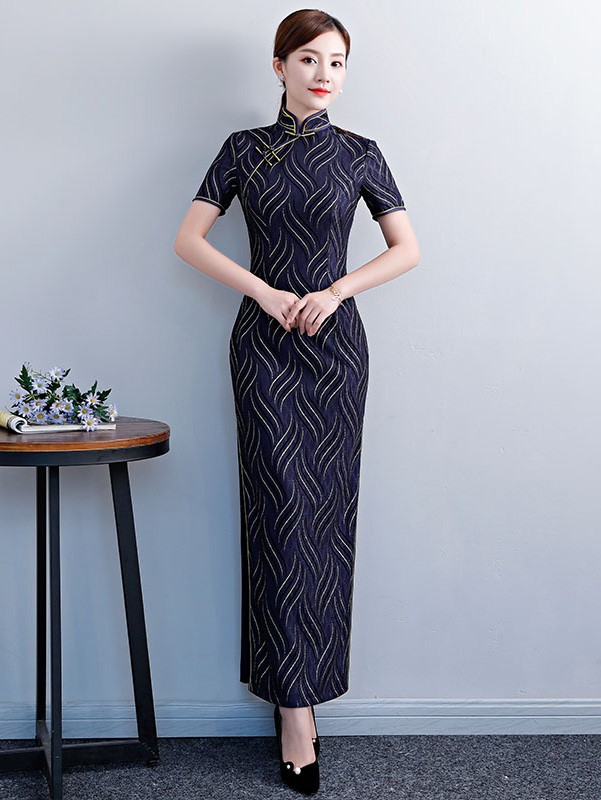 Gold Striped Blue Long Qipao / Cheongsam Dress Gold Striped Blue Long Qipao / Cheongsam Dress