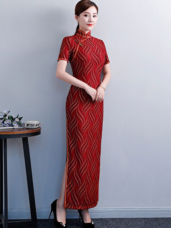 Gold Striped Red Long Qipao / Cheongsam Evening Dress