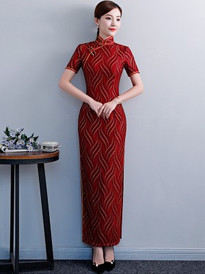 Gold Striped Red Long Qipao / Cheongsam Evening Dress