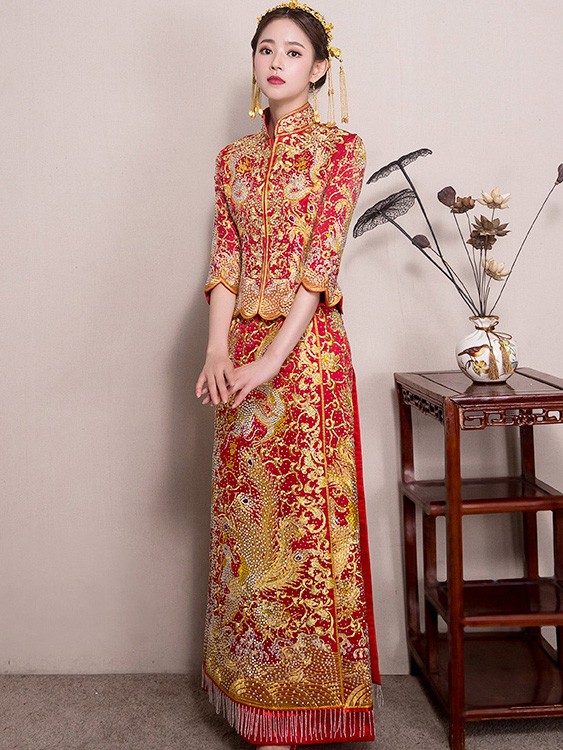 Beaded Wedding Qun Kwa with Dragon & Phoenix Embroidery