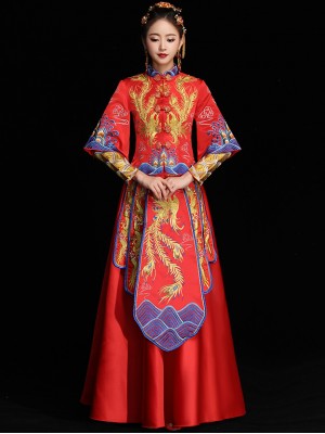 Red Phoenix & Dragon Embroidered Wedding Qun Kwa