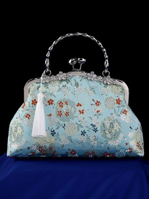 Blue Brocade Chain Top Handle Clutch Bag