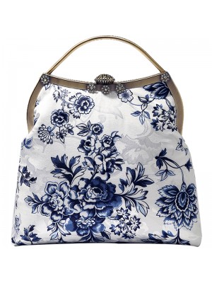 Blue and White Floral Top Handle Clutch Bags